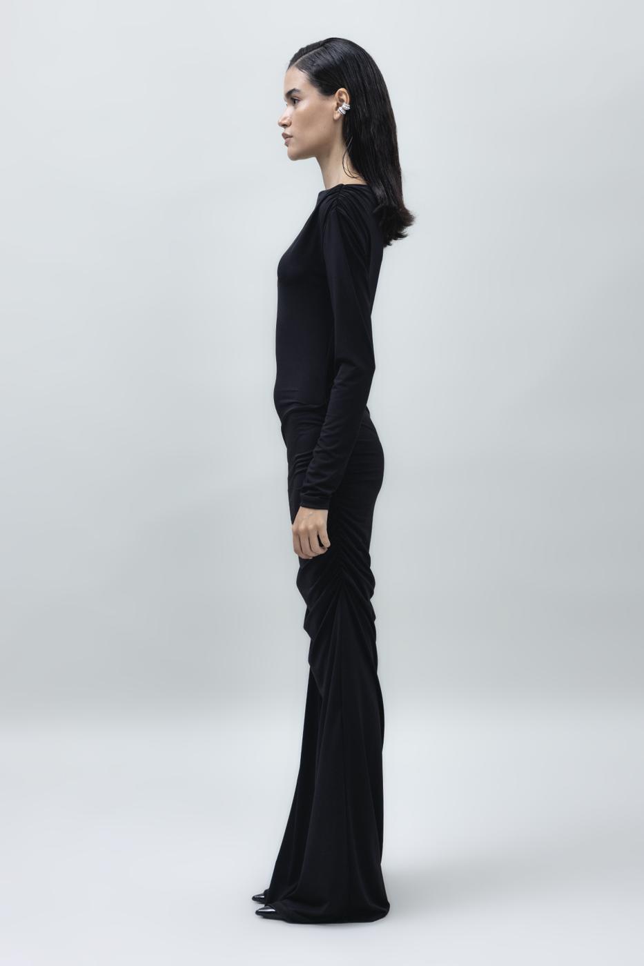 Bayan Siyah Kayık Yakalı Drapeli Maksi Elbise