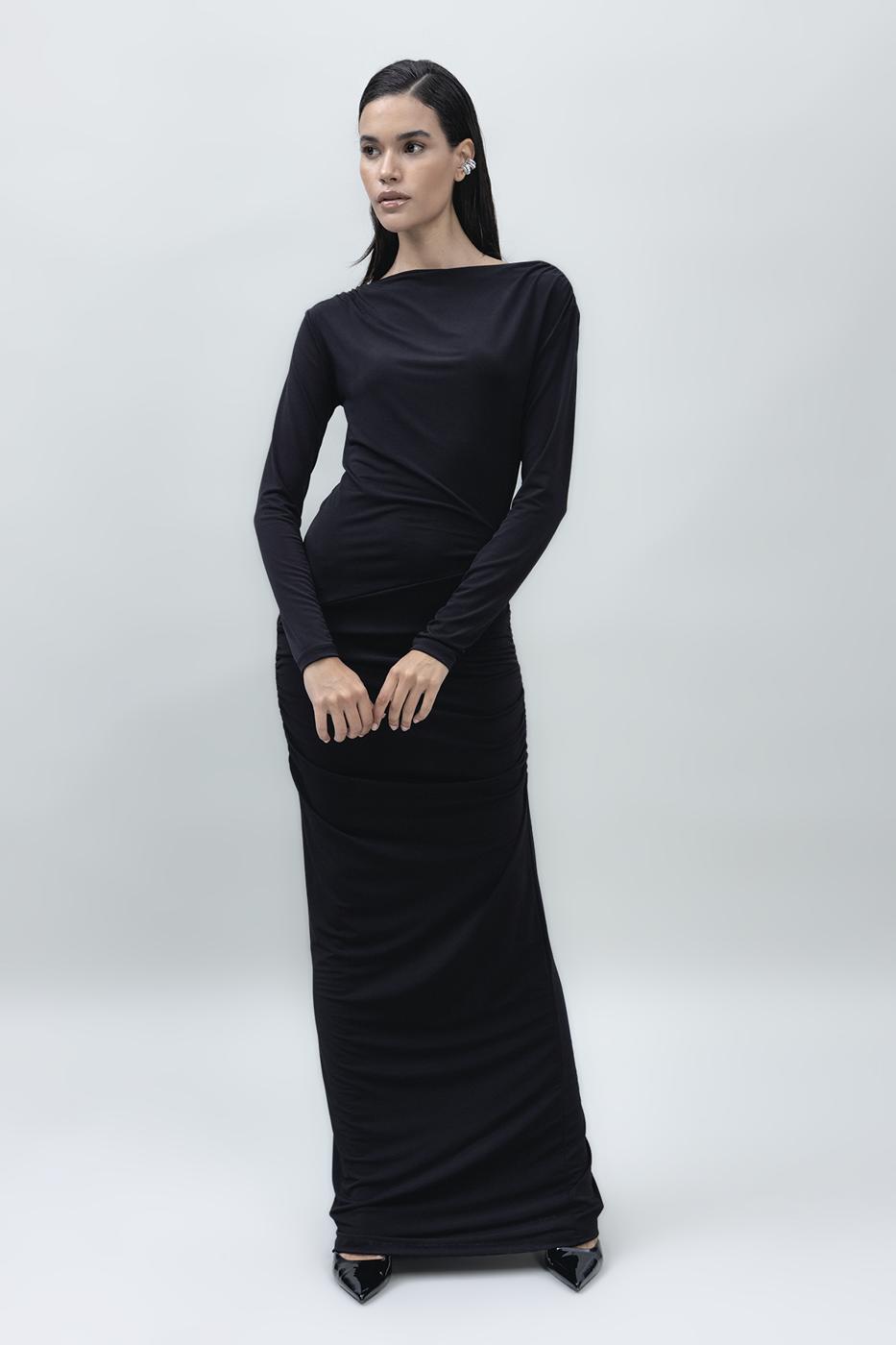 Bayan Siyah Kayık Yakalı Drapeli Maksi Elbise