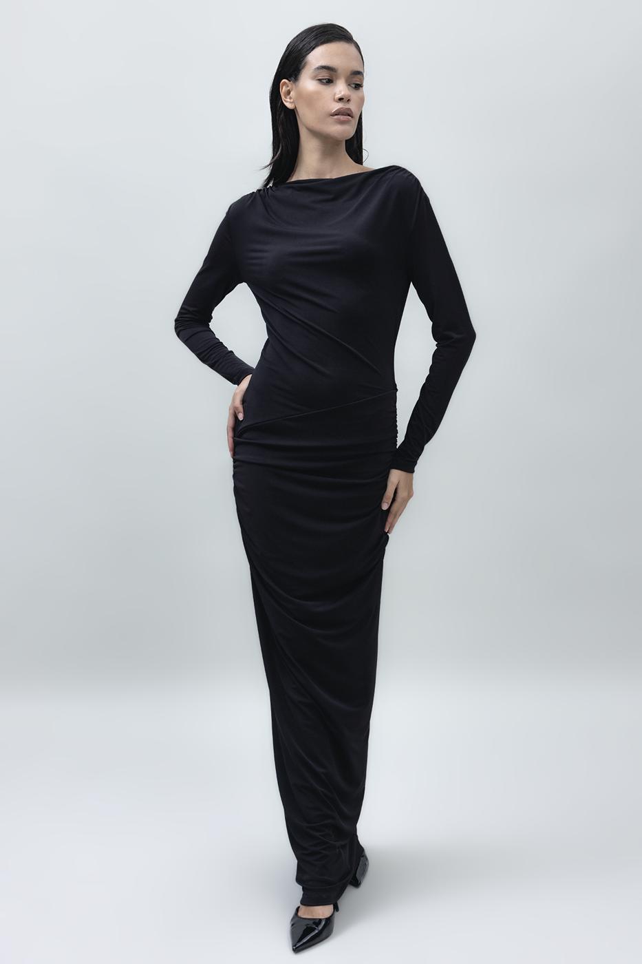 Bayan Siyah Kayık Yakalı Drapeli Maksi Elbise