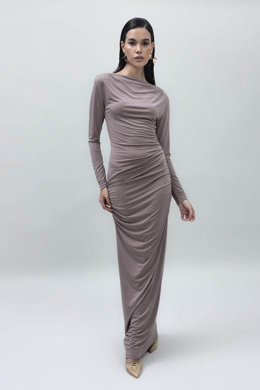 Bayan Vizon Kayık Yakalı Drapeli Maksi Elbise - BSL