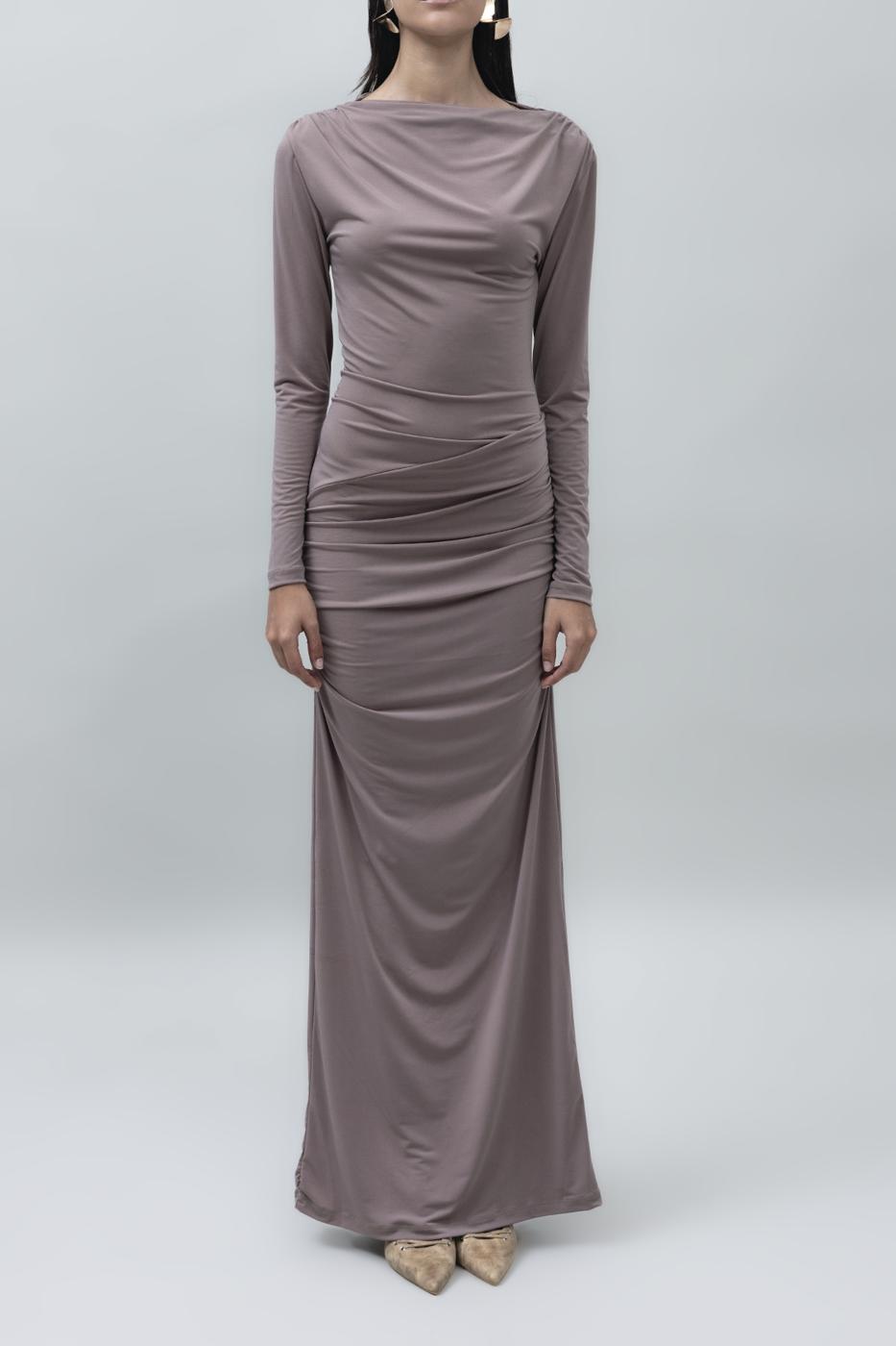 Bayan Vizon Kayık Yakalı Drapeli Maksi Elbise