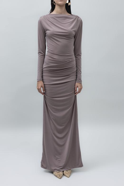 Bayan Vizon Kayık Yakalı Drapeli Maksi Elbise - BSL