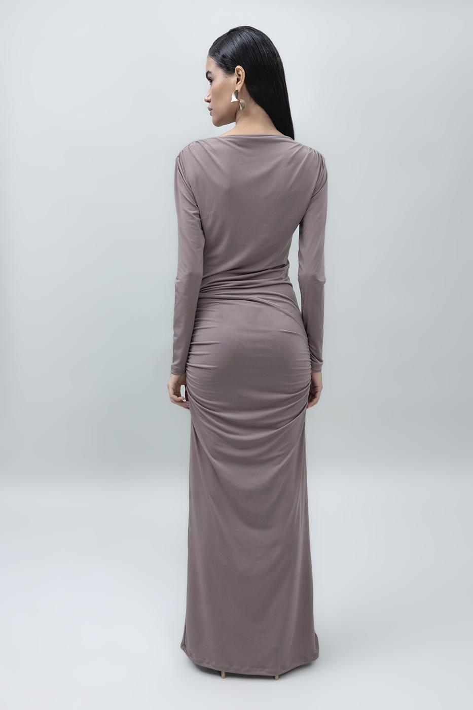 Bayan Vizon Kayık Yakalı Drapeli Maksi Elbise