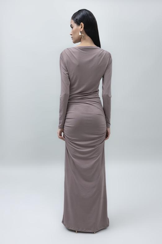 Bayan Vizon Kayık Yakalı Drapeli Maksi Elbise - BSL