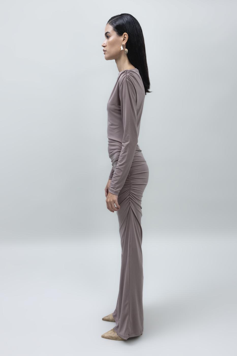 Bayan Vizon Kayık Yakalı Drapeli Maksi Elbise