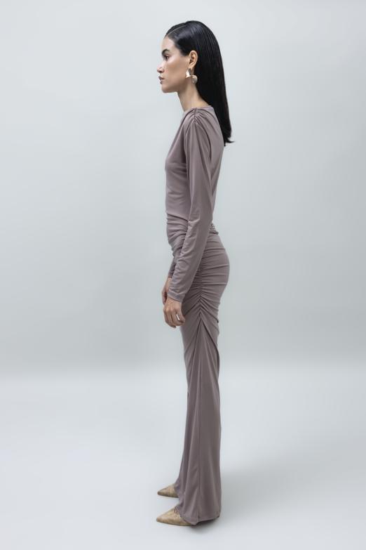 Bayan Vizon Kayık Yakalı Drapeli Maksi Elbise - BSL