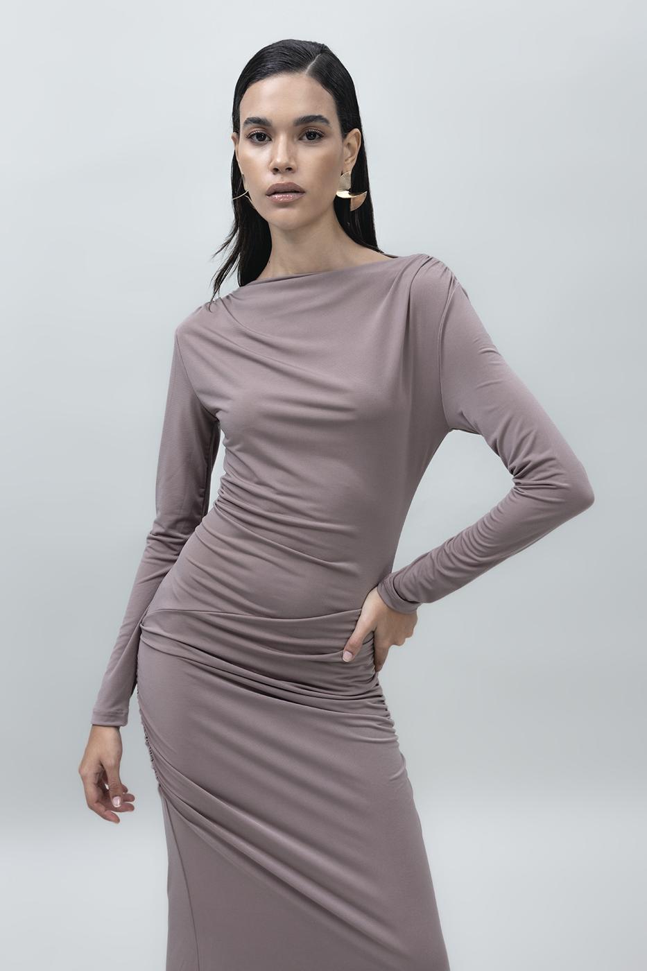 Bayan Vizon Kayık Yakalı Drapeli Maksi Elbise