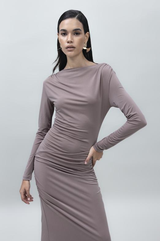 Bayan Vizon Kayık Yakalı Drapeli Maksi Elbise - BSL