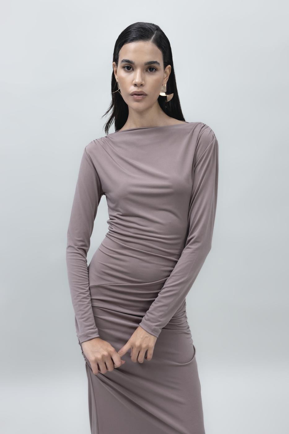 Bayan Vizon Kayık Yakalı Drapeli Maksi Elbise