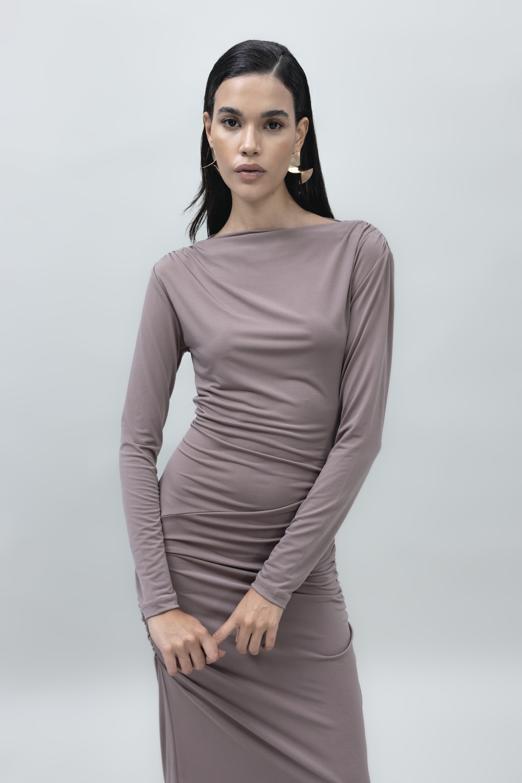 Bayan Vizon Kayık Yakalı Drapeli Maksi Elbise - BSL