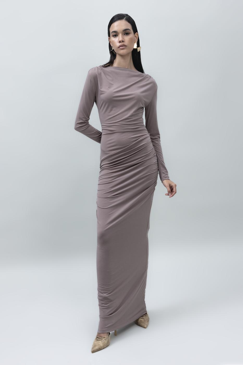 Bayan Vizon Kayık Yakalı Drapeli Maksi Elbise