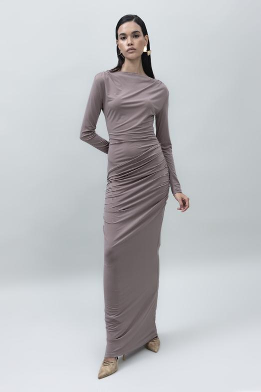 Bayan Vizon Kayık Yakalı Drapeli Maksi Elbise - BSL