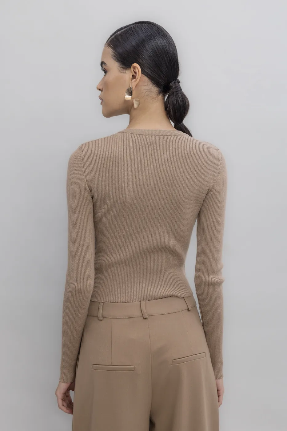 Bayan Bej Metal Fermuar Kapama Triko Top