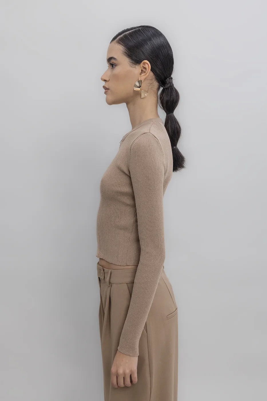 Bayan Bej Metal Fermuar Kapama Triko Top