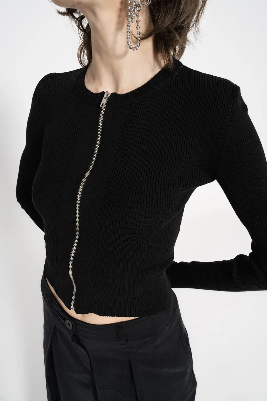 Bayan Siyah Metal Fermuar Kapama Triko Top