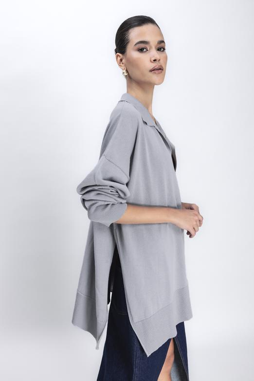 Bayan Gri Yırtmaç Detaylı Oversize Kazak - BSL