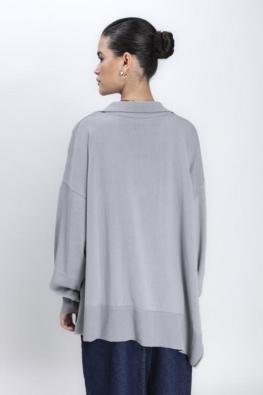 Bayan Gri Yırtmaç Detaylı Oversize Kazak - BSL