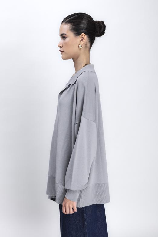 Bayan Gri Yırtmaç Detaylı Oversize Kazak - BSL