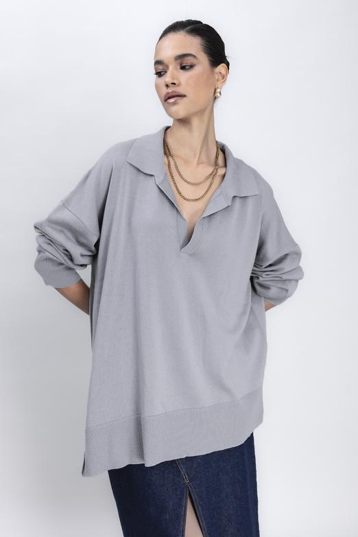 Bayan Gri Yırtmaç Detaylı Oversize Kazak - BSL