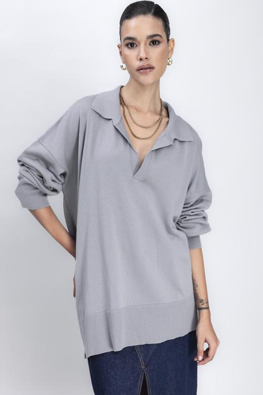 Bayan Gri Yırtmaç Detaylı Oversize Kazak - BSL