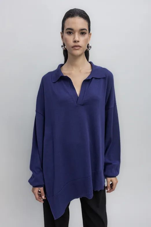 Bayan İndigo Yırtmaç Detaylı Oversize Kazak - BSL