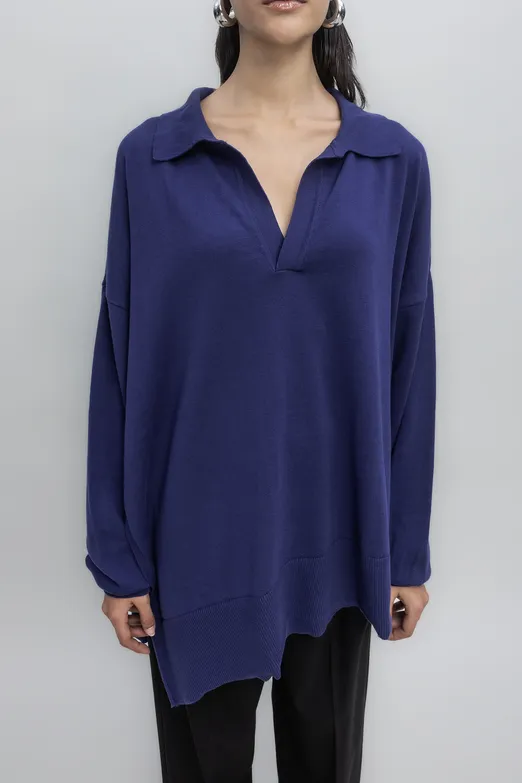 Bayan İndigo Yırtmaç Detaylı Oversize Kazak - BSL