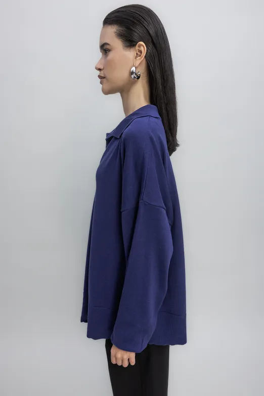 Bayan İndigo Yırtmaç Detaylı Oversize Kazak - BSL