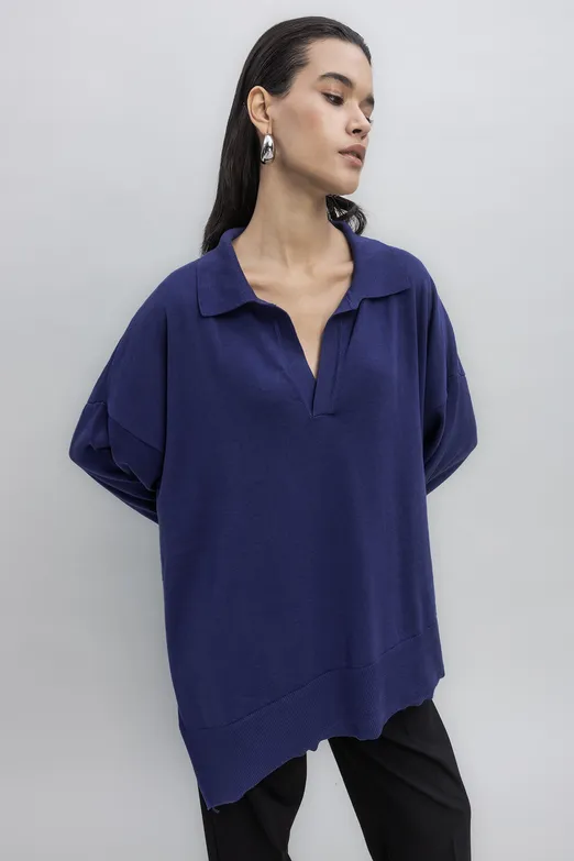 Bayan İndigo Yırtmaç Detaylı Oversize Kazak - BSL