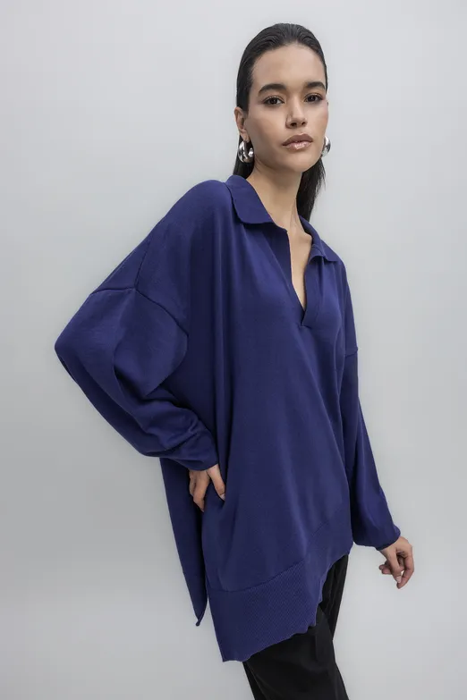 Bayan İndigo Yırtmaç Detaylı Oversize Kazak - BSL
