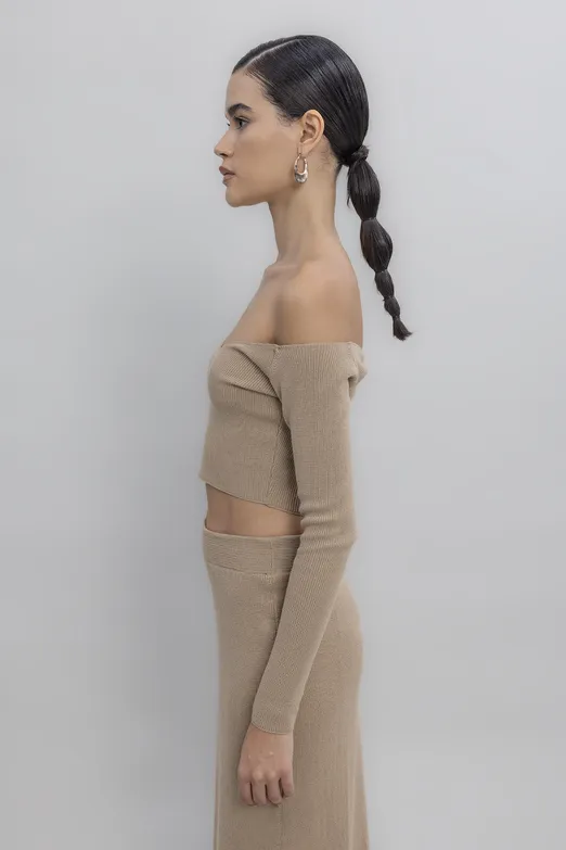 Bayan Bej Triko Carmen Yaka Crop Top - BSL