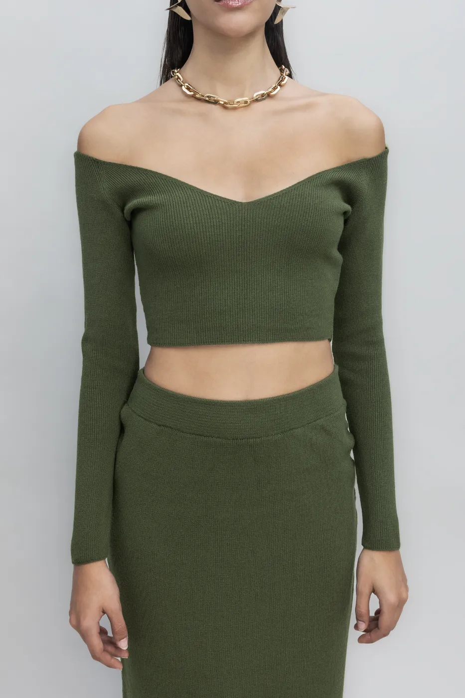 Bayan Haki Triko Carmen Yaka Crop Top