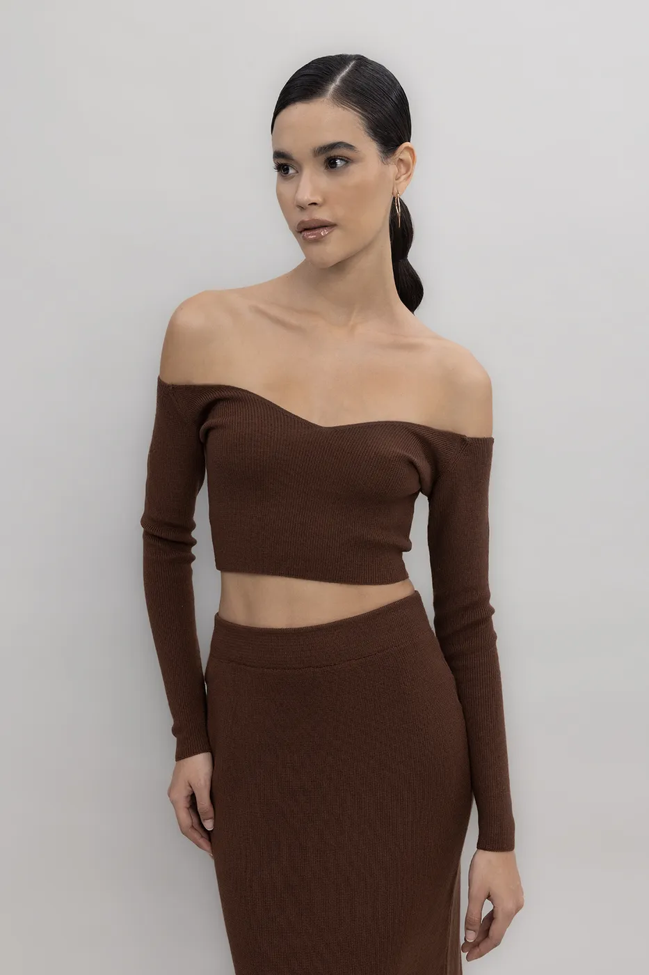 Bayan Kahverengi Triko Carmen Yaka Crop Top