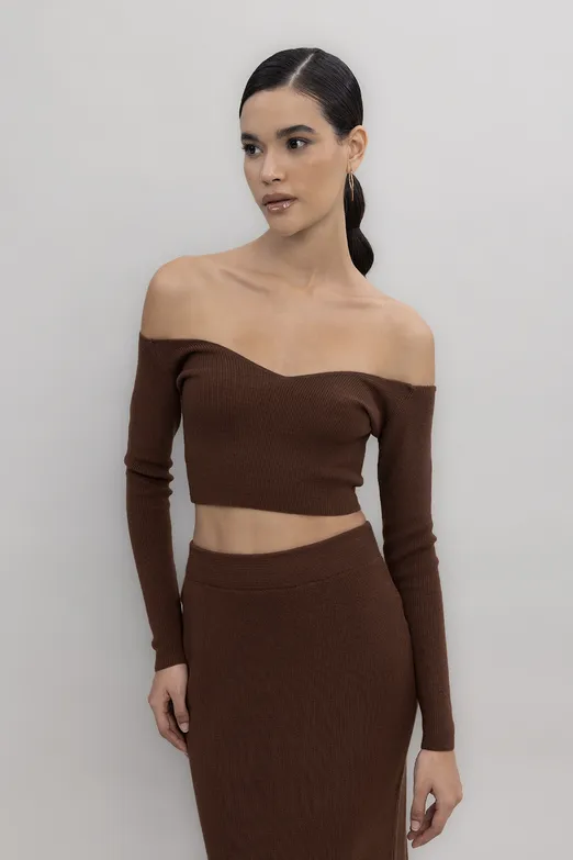 Bayan Kahverengi Triko Carmen Yaka Crop Top - BSL