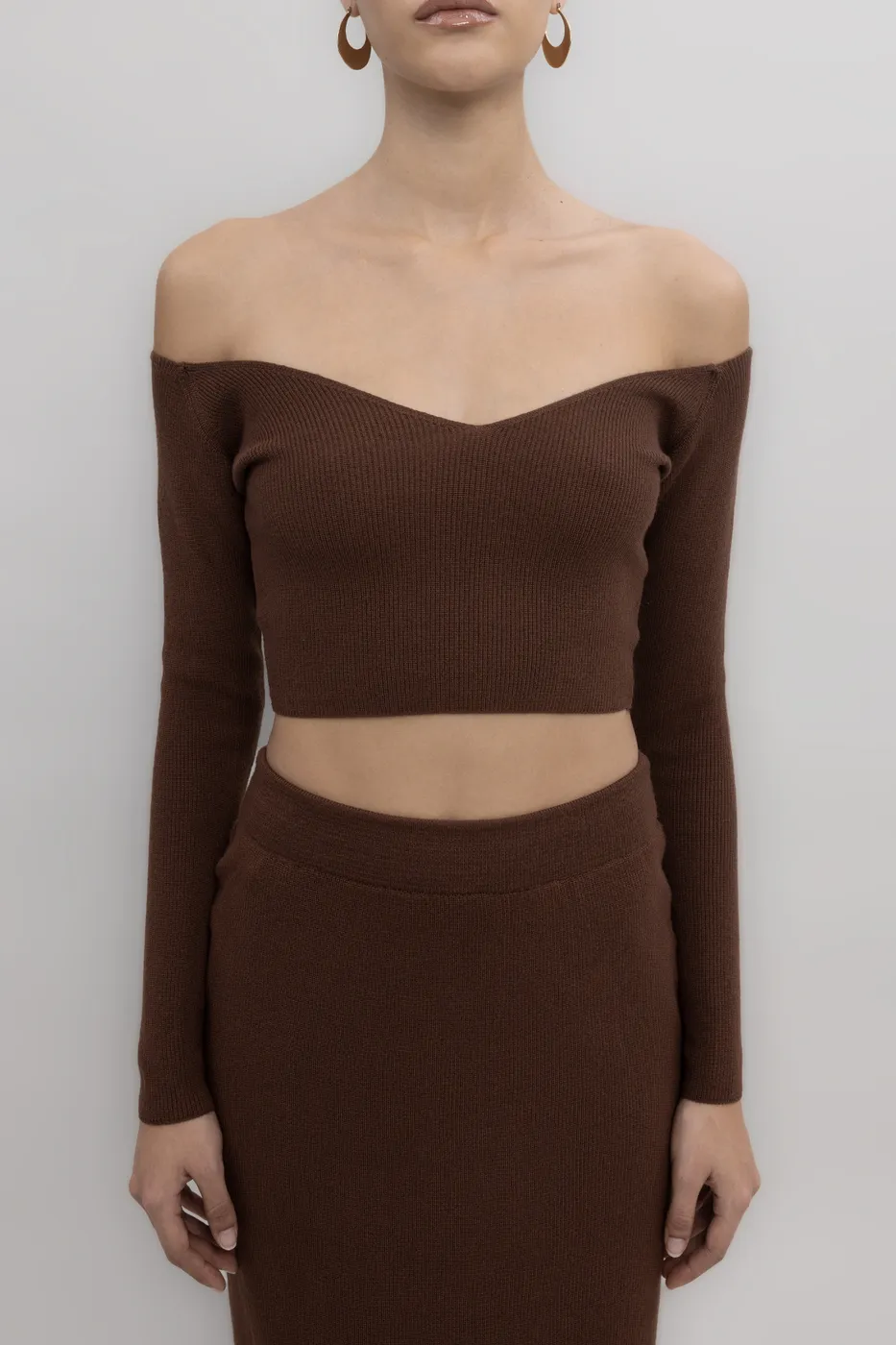 Bayan Kahverengi Triko Carmen Yaka Crop Top