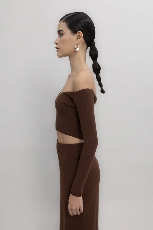 Bayan Kahverengi Triko Carmen Yaka Crop Top - BSL