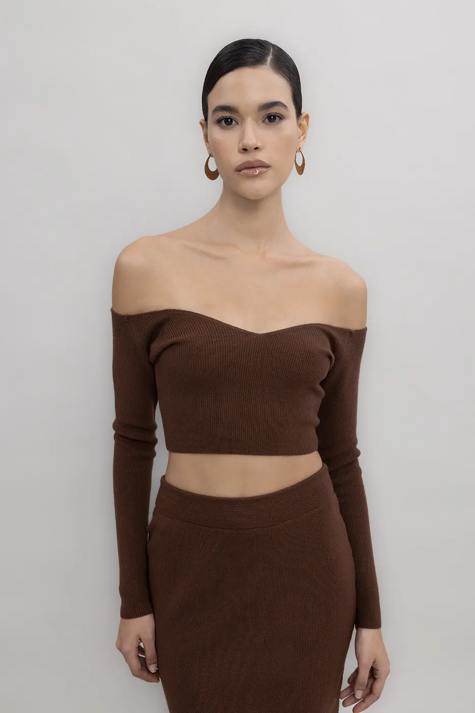 Bayan Kahverengi Triko Carmen Yaka Crop Top