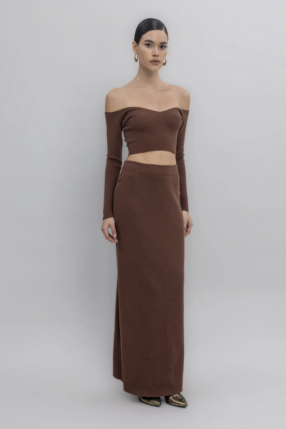 Bayan Kahverengi Triko Maksi Kalem Etek