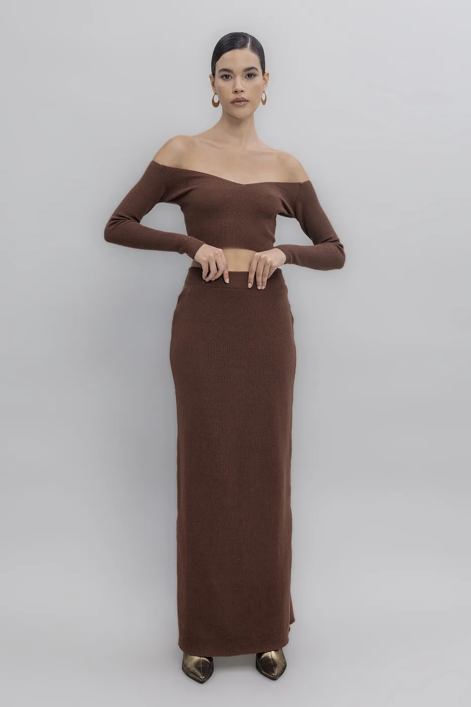 Bayan Kahverengi Triko Maksi Kalem Etek