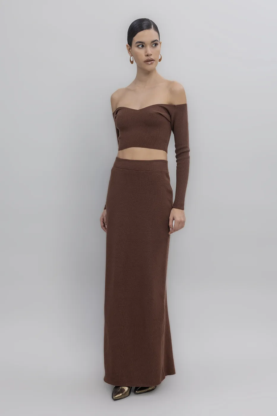 Bayan Kahverengi Triko Maksi Kalem Etek