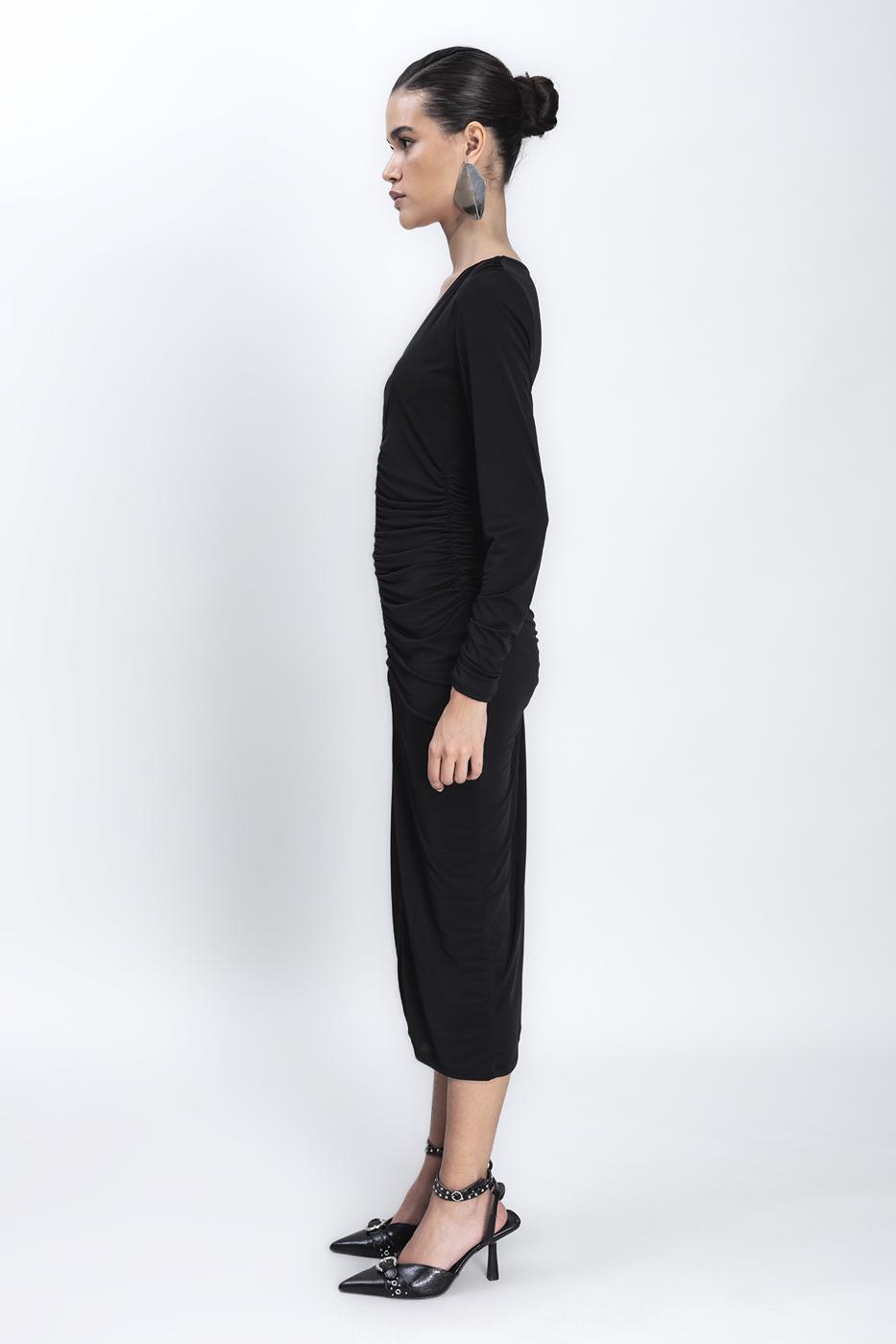 Bayan Siyah Derin V Yakalı Drapeli Midi Kalem Elbise