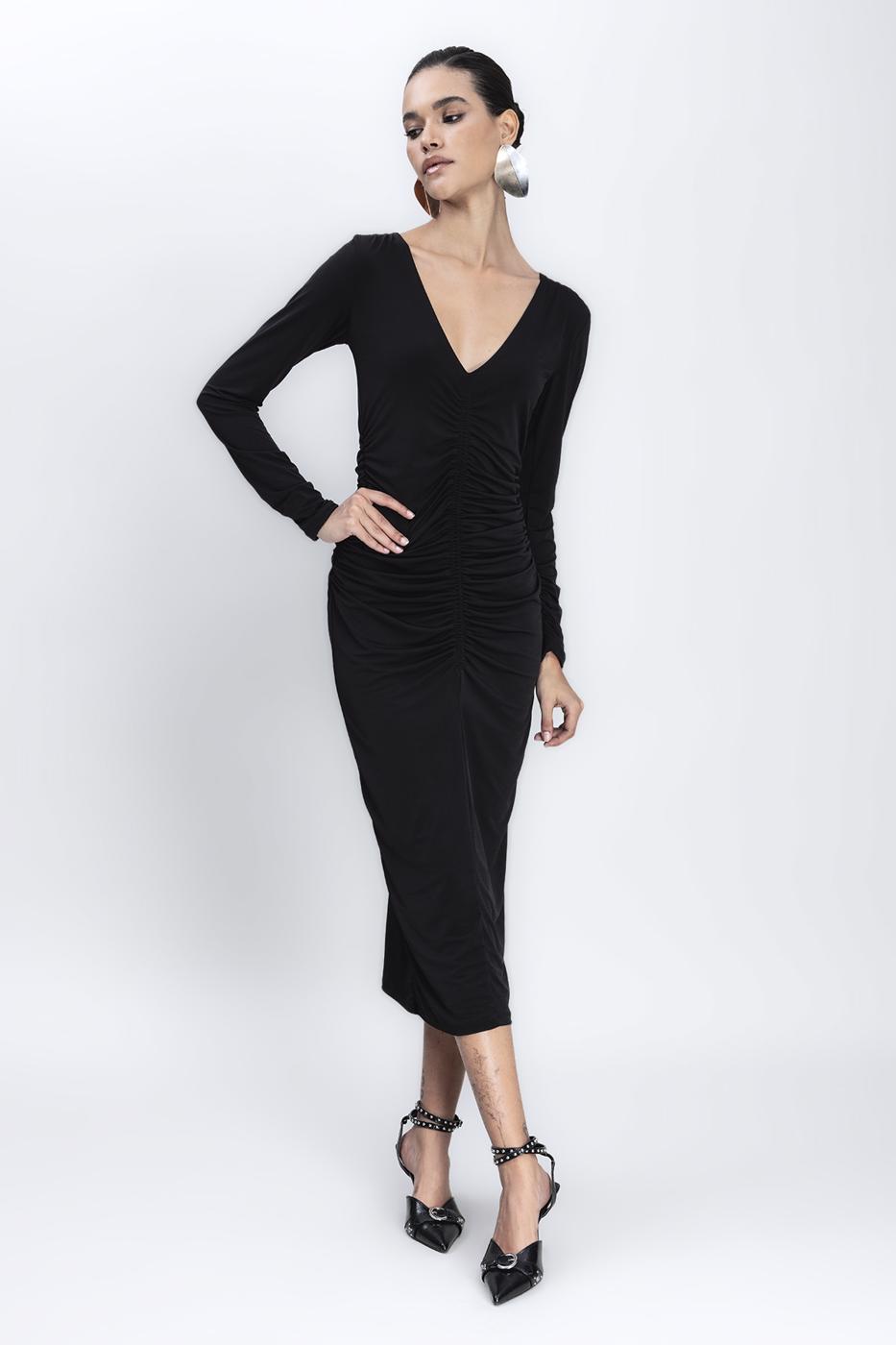 Bayan Siyah Derin V Yakalı Drapeli Midi Kalem Elbise