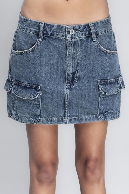 Bayan Mavi Denim Mini Kargo Etek - BSL