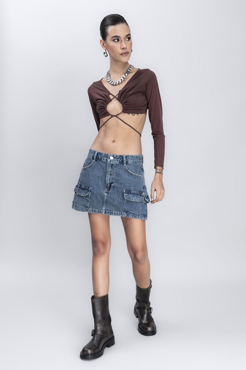 Bayan Mavi Denim Mini Kargo Etek