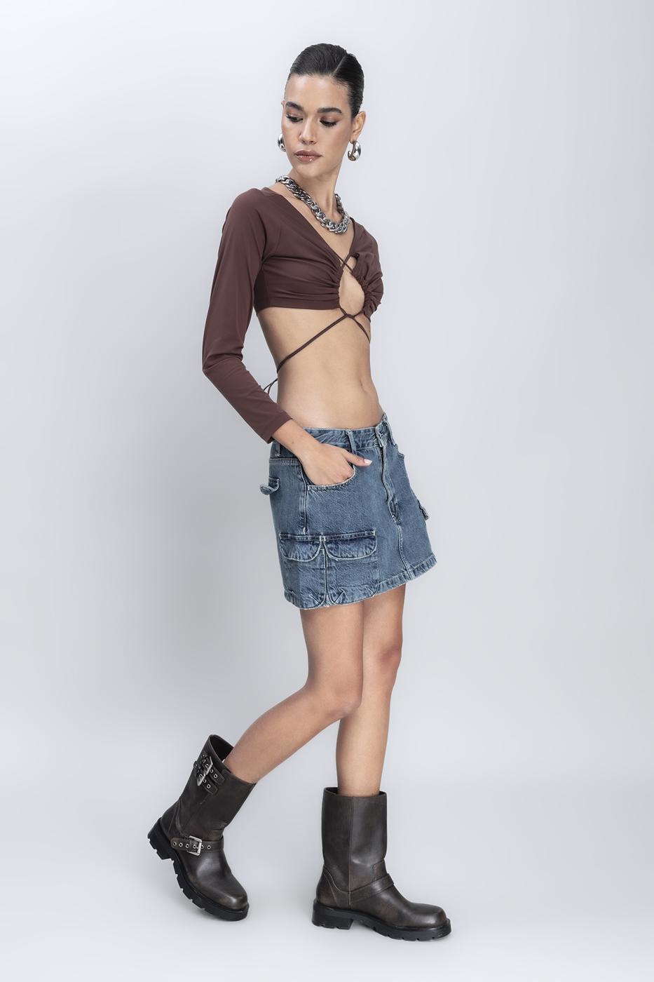 Bayan Mavi Denim Mini Kargo Etek