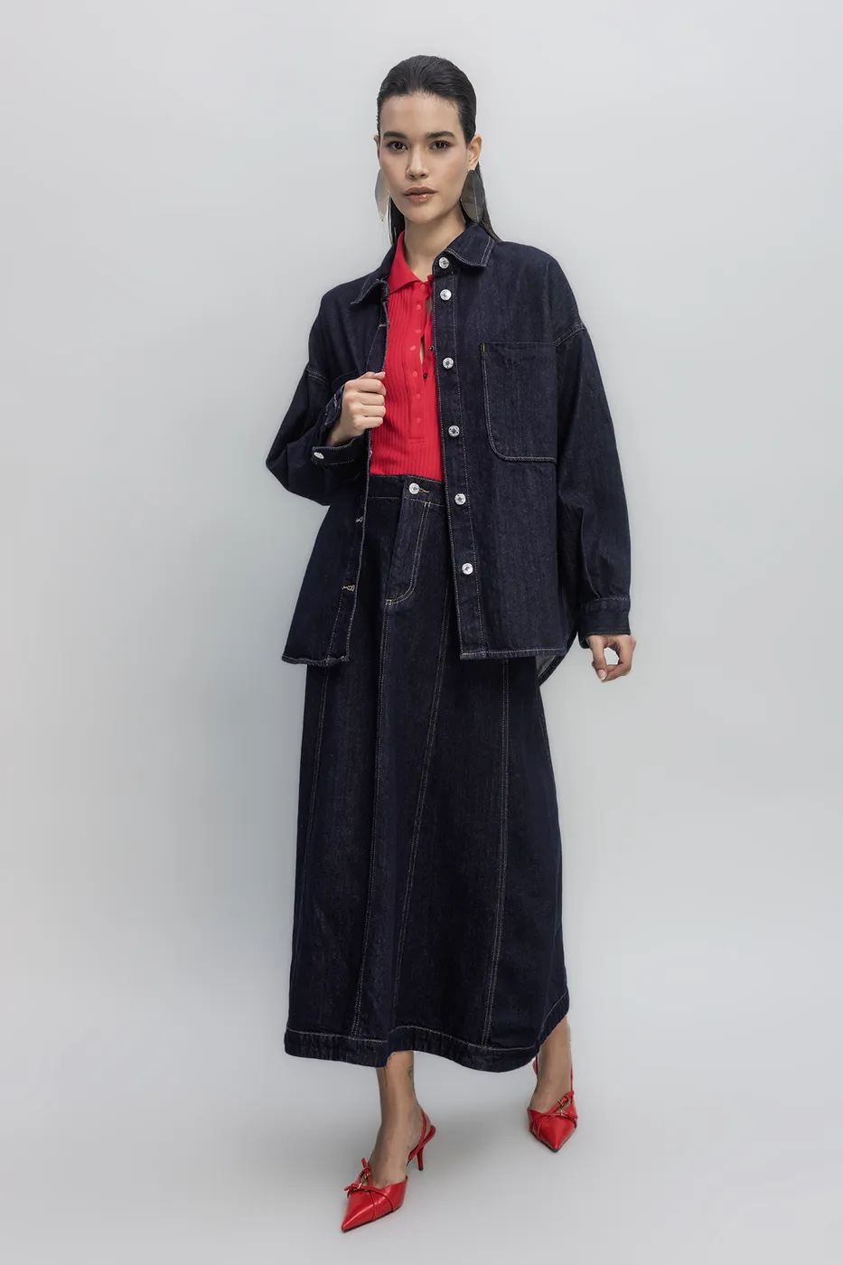 Bayan Lacivert Denim Pelerin Etek