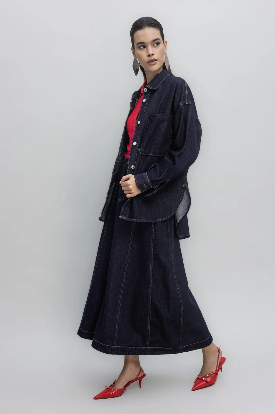 Bayan Lacivert Denim Pelerin Etek