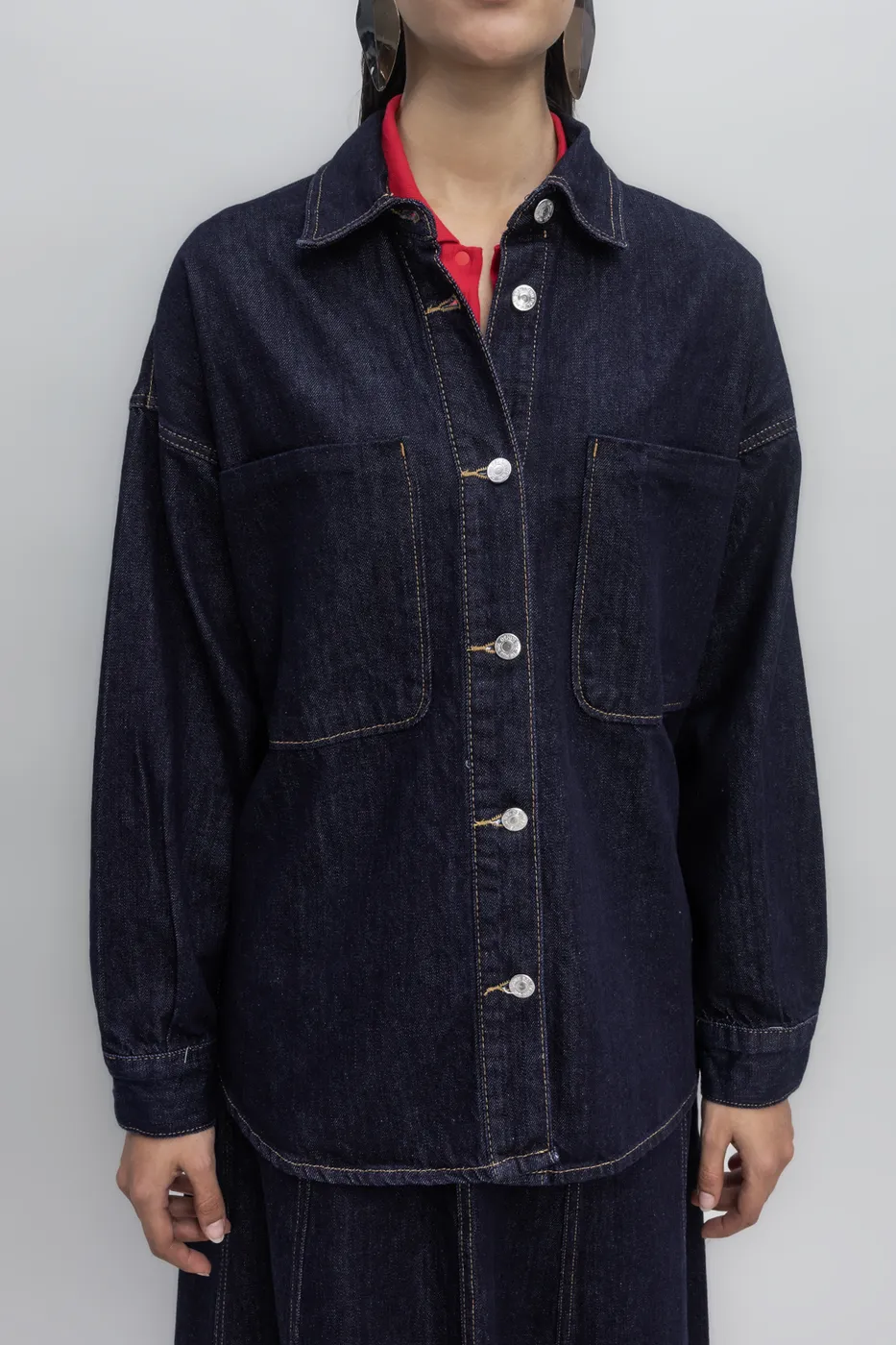 Bayan Lacivert Yama Cepli Denim Gömlek