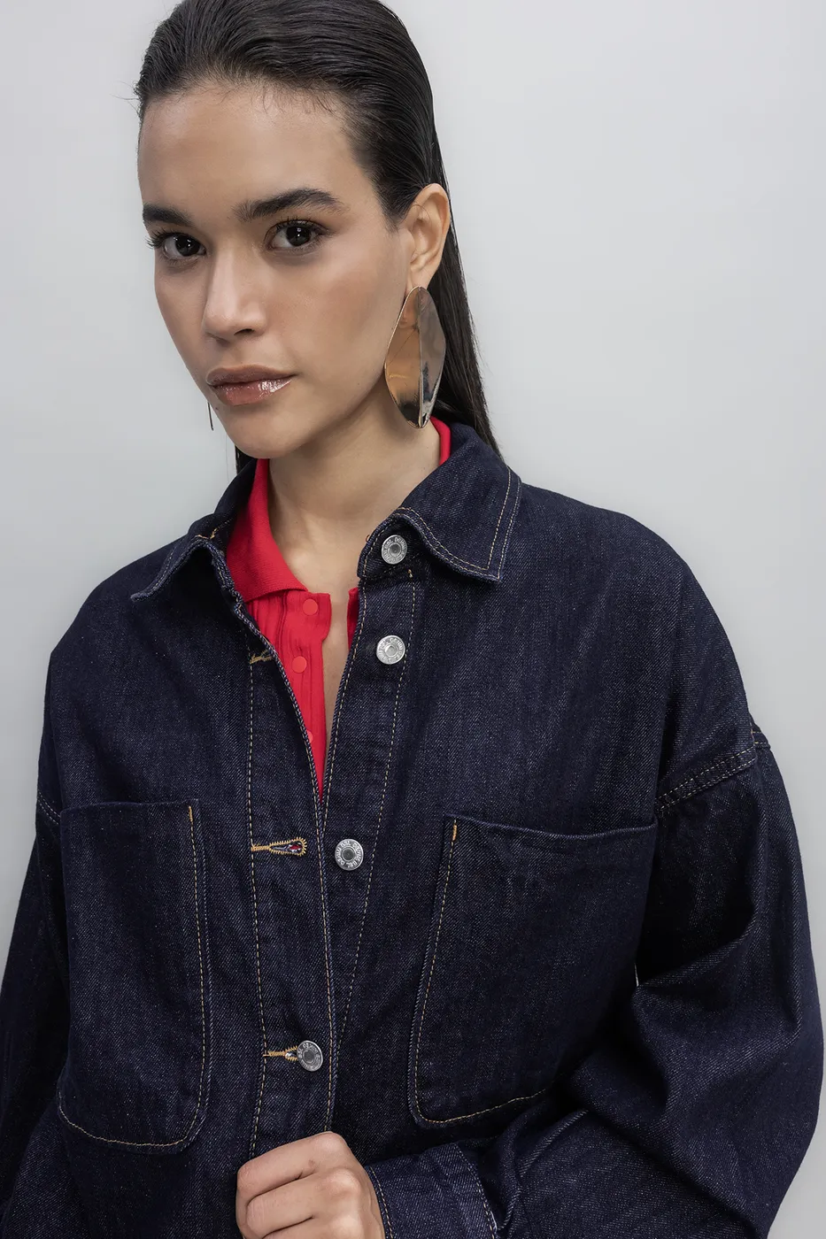 Bayan Lacivert Yama Cepli Denim Gömlek