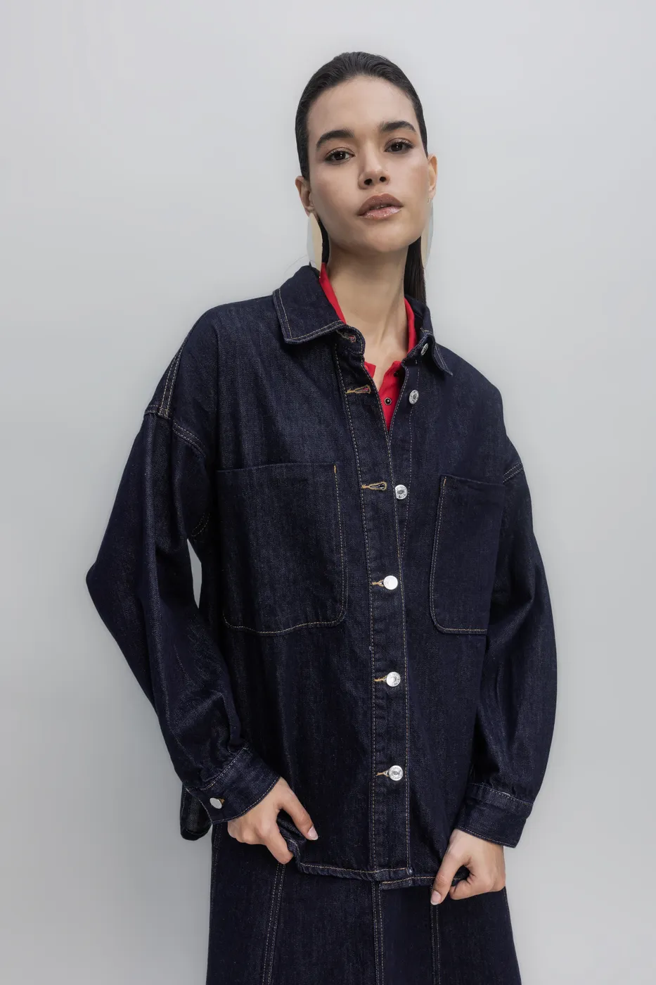 Bayan Lacivert Yama Cepli Denim Gömlek