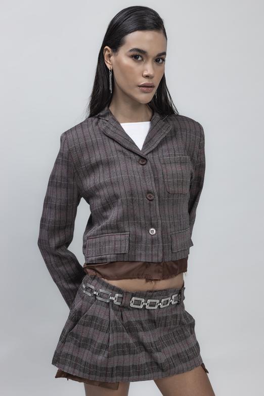 Bayan Kahverengi Crop Blazer Ceket - BSL